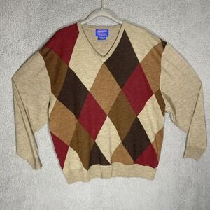 Merino Wool Sweater Mens XL Argyle V-Neck Long Sleeve Preppy Some Holes